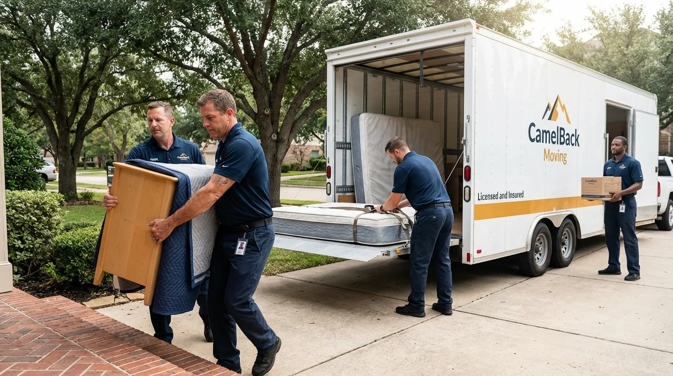 Crew loading residential truck for cross-state move from Sanger, CA
