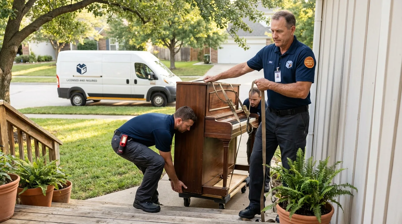 Licensed piano movers securing grand piano in Sanger, CA