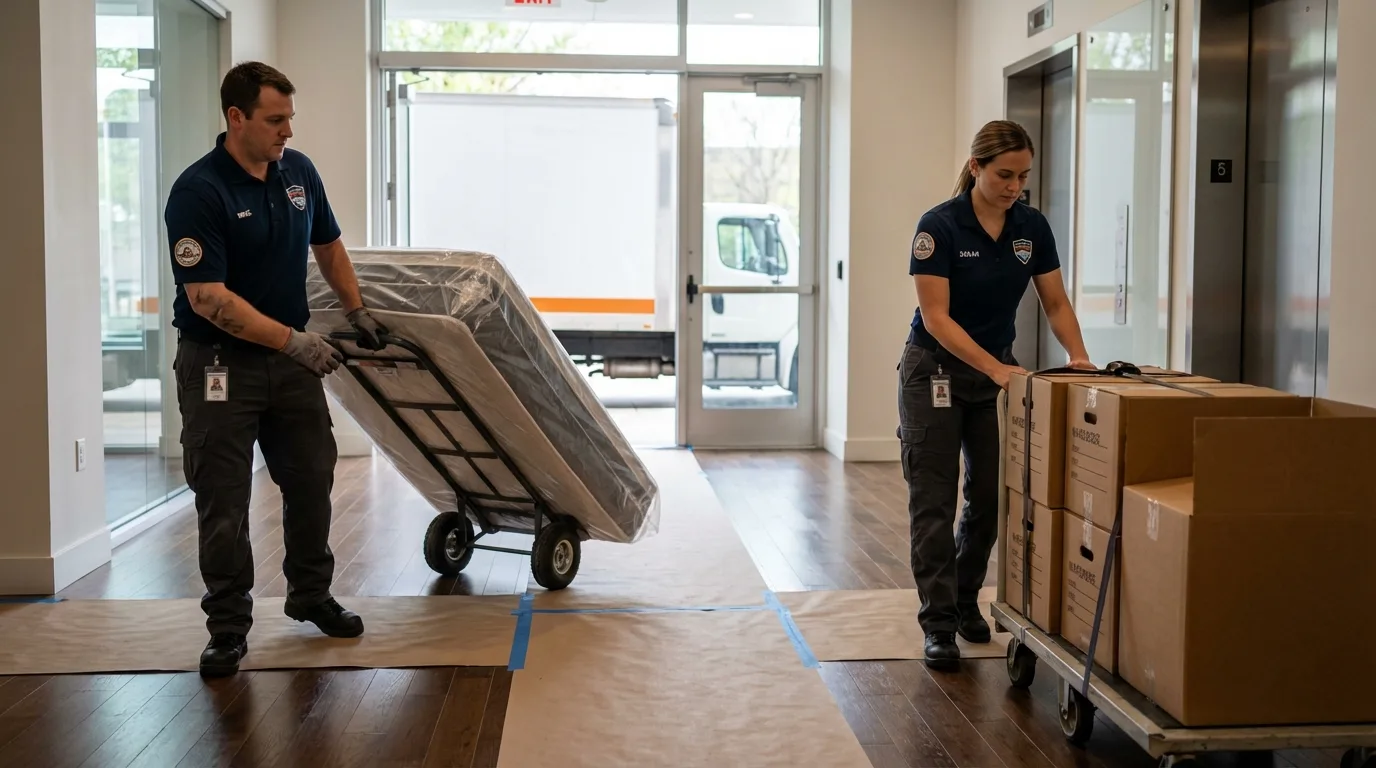 Professional apartment movers loading elevator in Sanger, CA