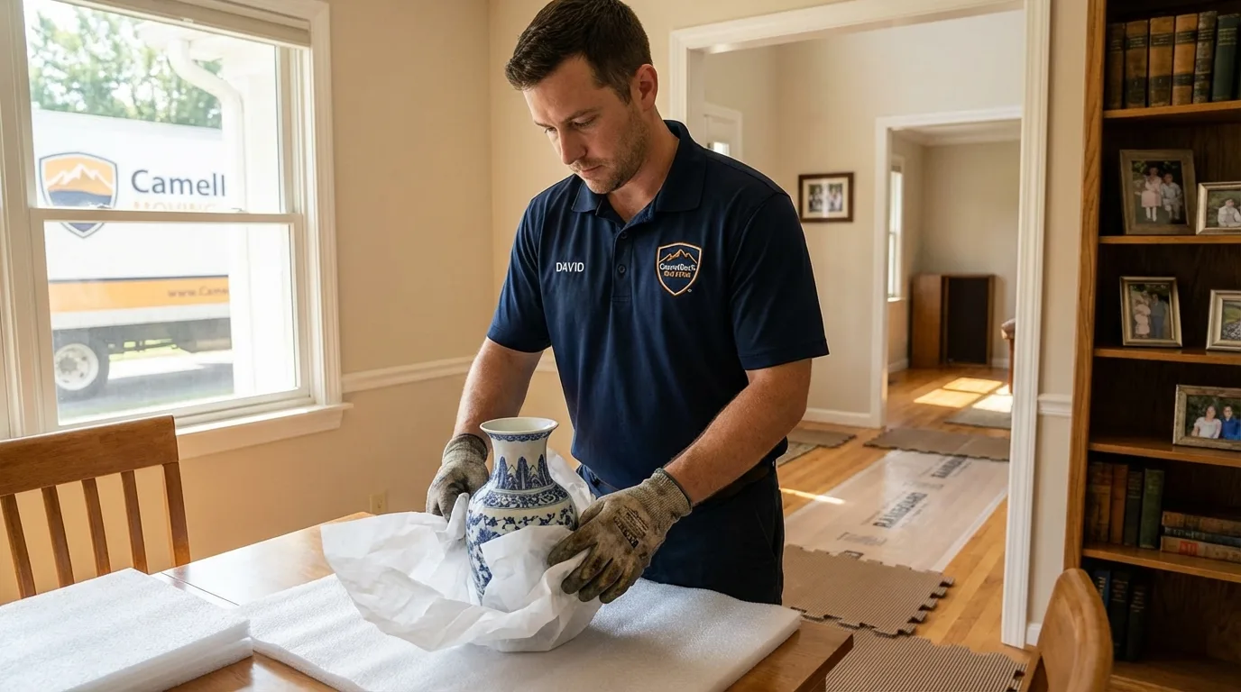 Professional crew carefully wrapping antique vase for senior downsizing move in Sanger, CA